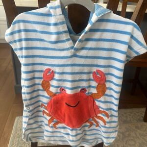 BabyBoden Hooded Towel Poncho – 18–24M – Crab – Blue & White Stripes